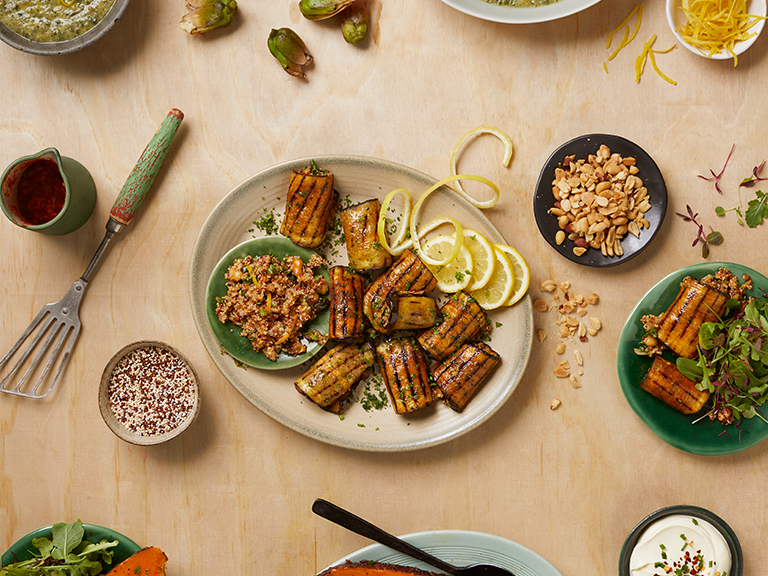 Griddled Brinjal Rolls With a Herby Quinoa Stuffing