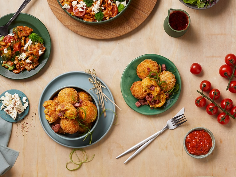 Caramelised Onion, Bacon And Cheese Macaroni Balls With A Tomato And Chilli Sauce