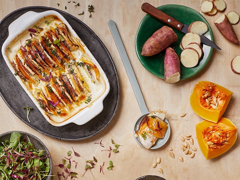 Creamy Garlic And Herb Root Vegetable Bake