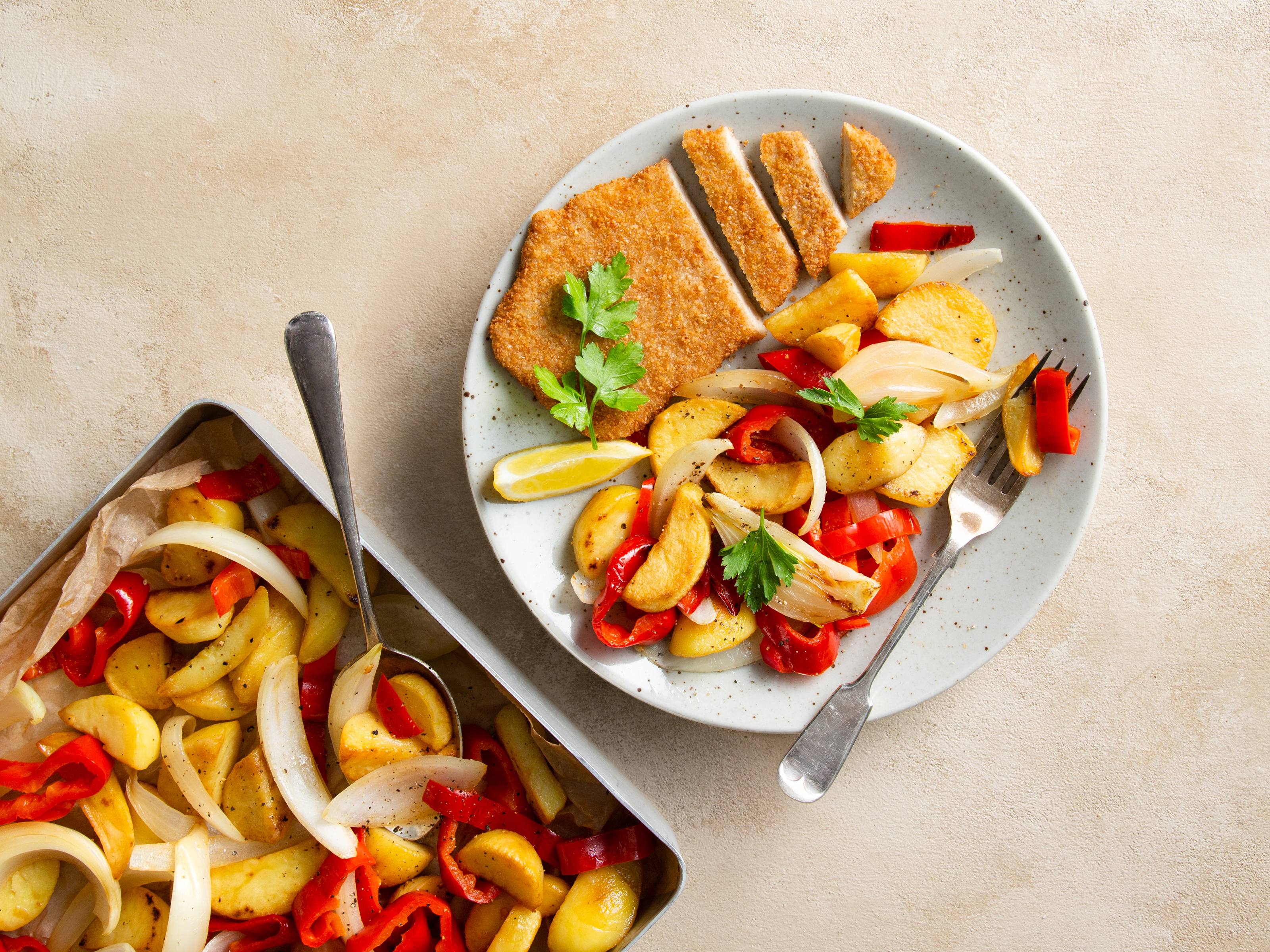 Schnitzel met Ovengroenten met Auf Wieder Schnitzel