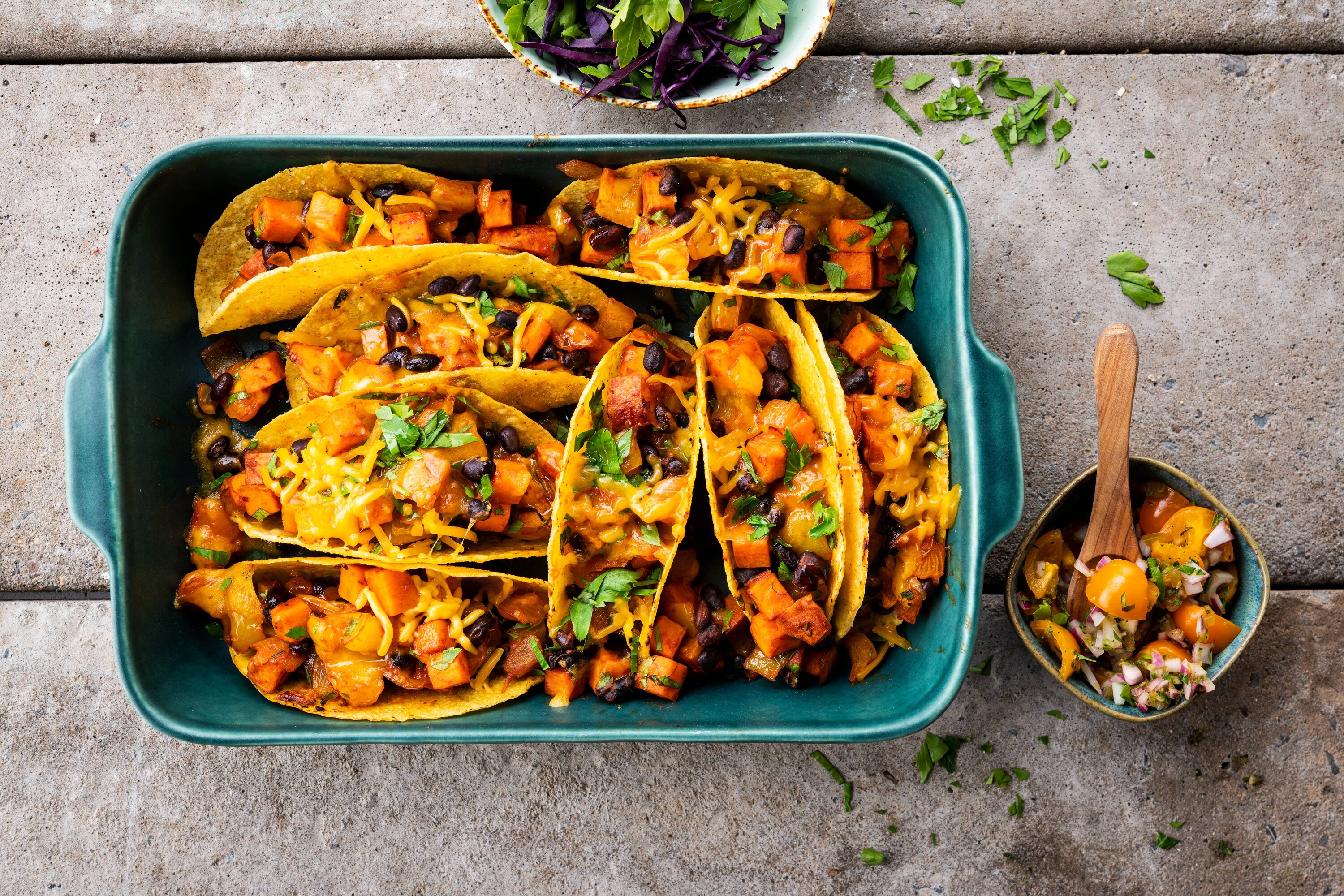 Knorr - Gratinierte Tacos mit Süsskartoffeln und schwarze Bohnen