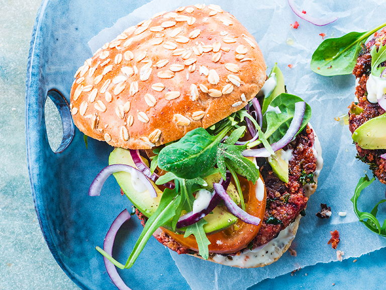 Vegan Burger With Garlic Sweet Potato Wedges