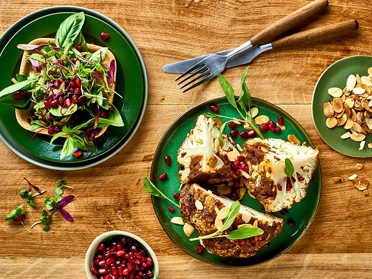 Whole Roasted Cauliflower With Almonds, Sage And Pomegranate Seeds