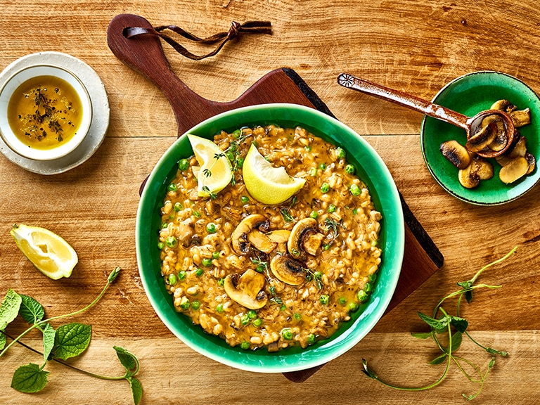 Barley Risotto With Mushrooms, Peas And Vegan Cheese 60 Minutes  recipe