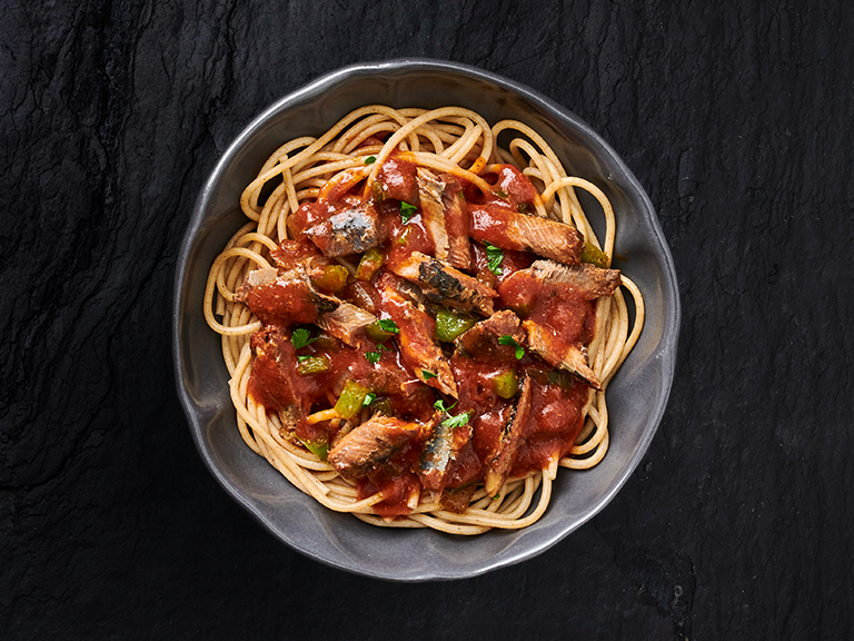 Saucy Pilchards with Spaghetti