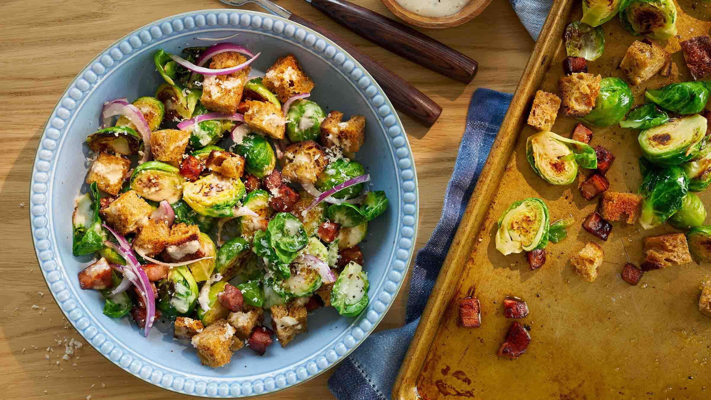 Roasted Brussels Sprouts Caesar Salad with Crispy Pancetta