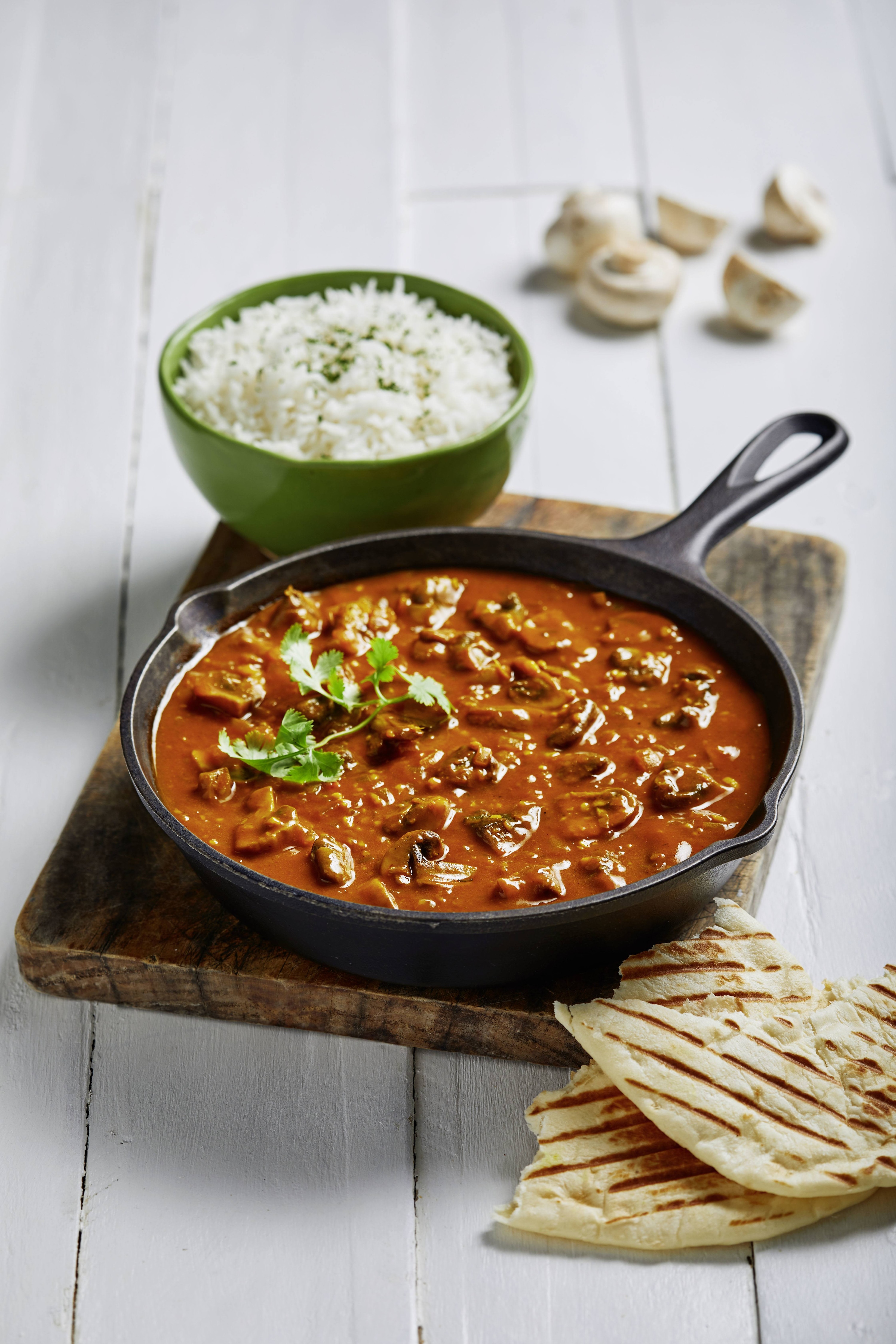 Spicy Mushroom Curry with Naan Bread and Rice