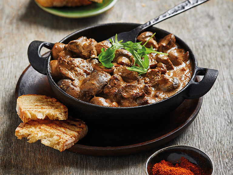 Spicy Chicken Livers and Mushrooms on Toasted Bread