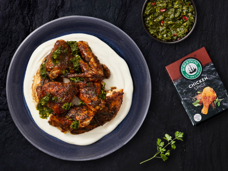 Chimichurri Roast Chicken on Creamy Garlic Yoghurt Sauce