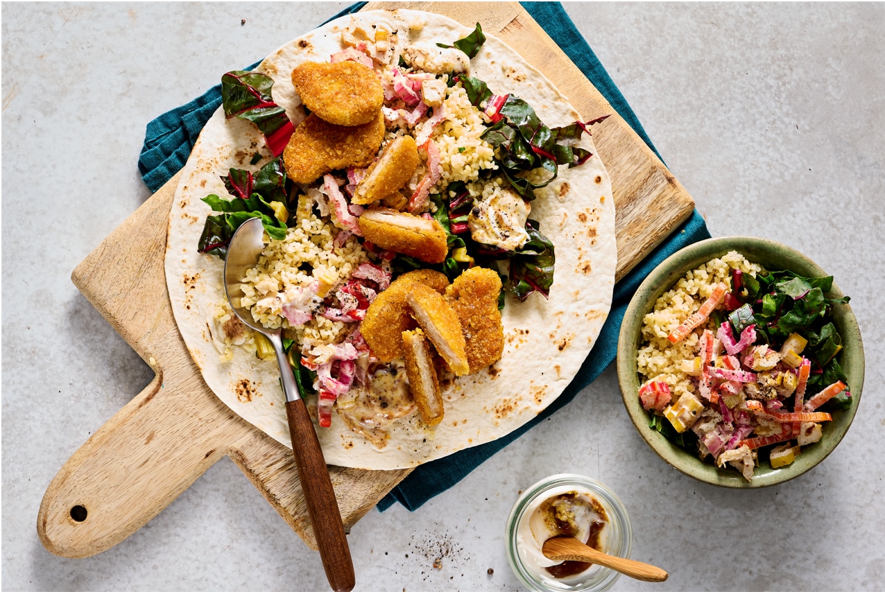 VEGÁN WRAP ROPOGÓS NUGGETS-SZEL, MÁNGOLDDAL