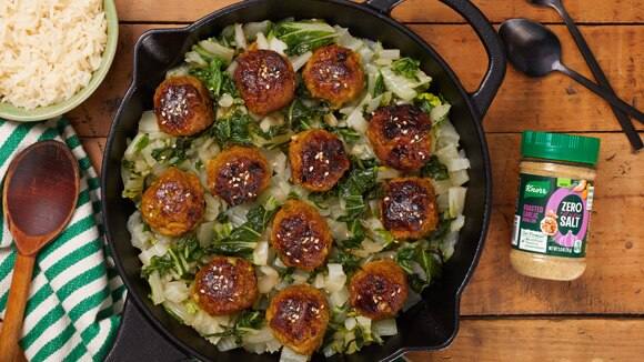 Soy Glazed Chicken Meatballs with Bok Choy