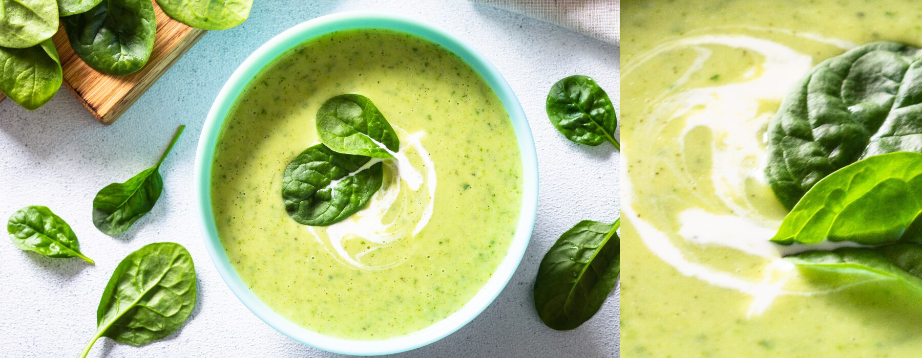 Delicious bowl of polonchay soup or chinese spinach soup inside a green blue bowl.