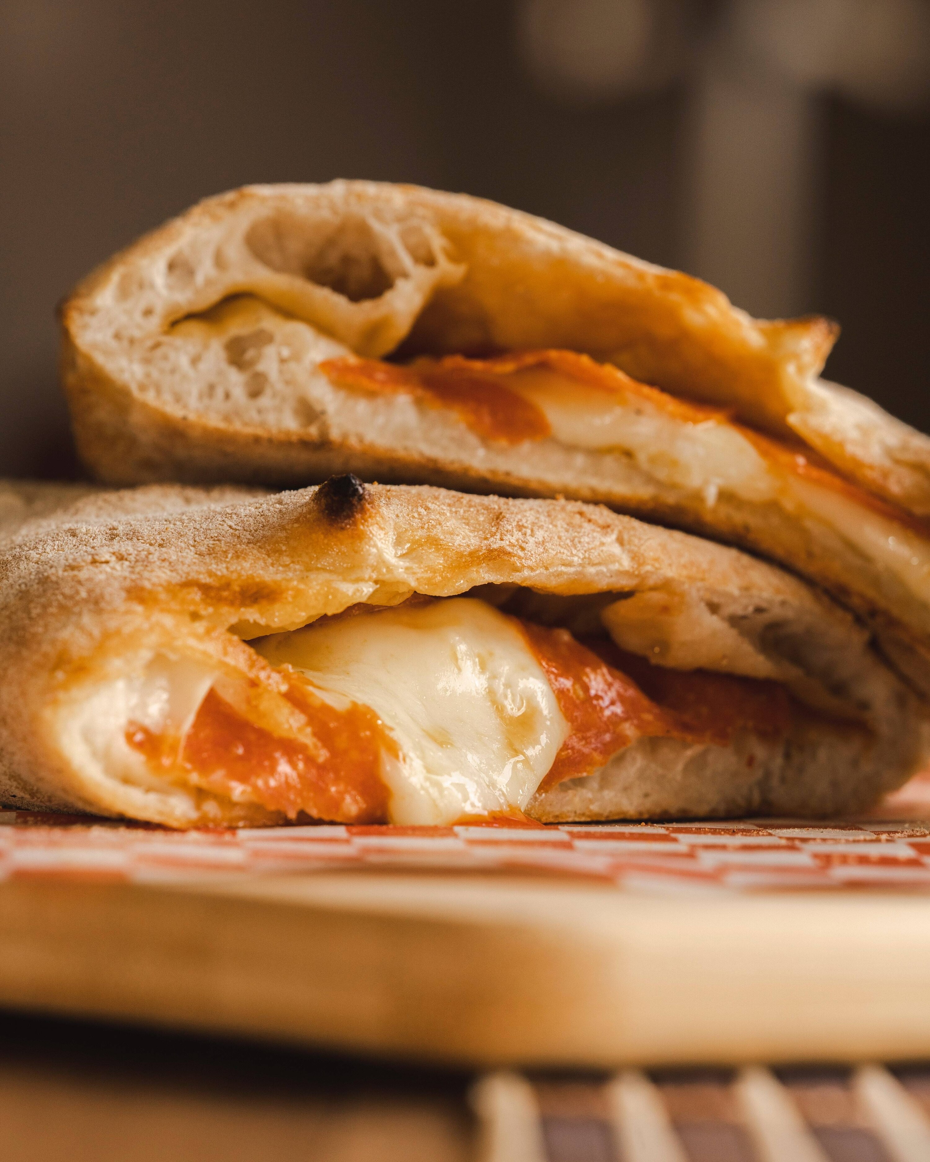 Heart-shaped calzone sliced in half