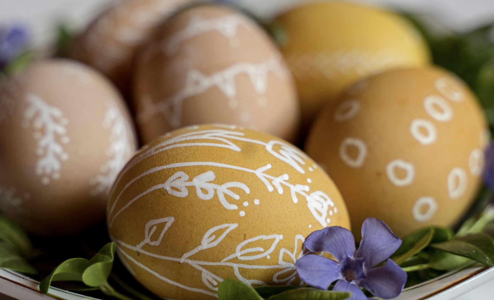 Easter eggs inside a shallow plate with flowers and leaves on the side as decorations