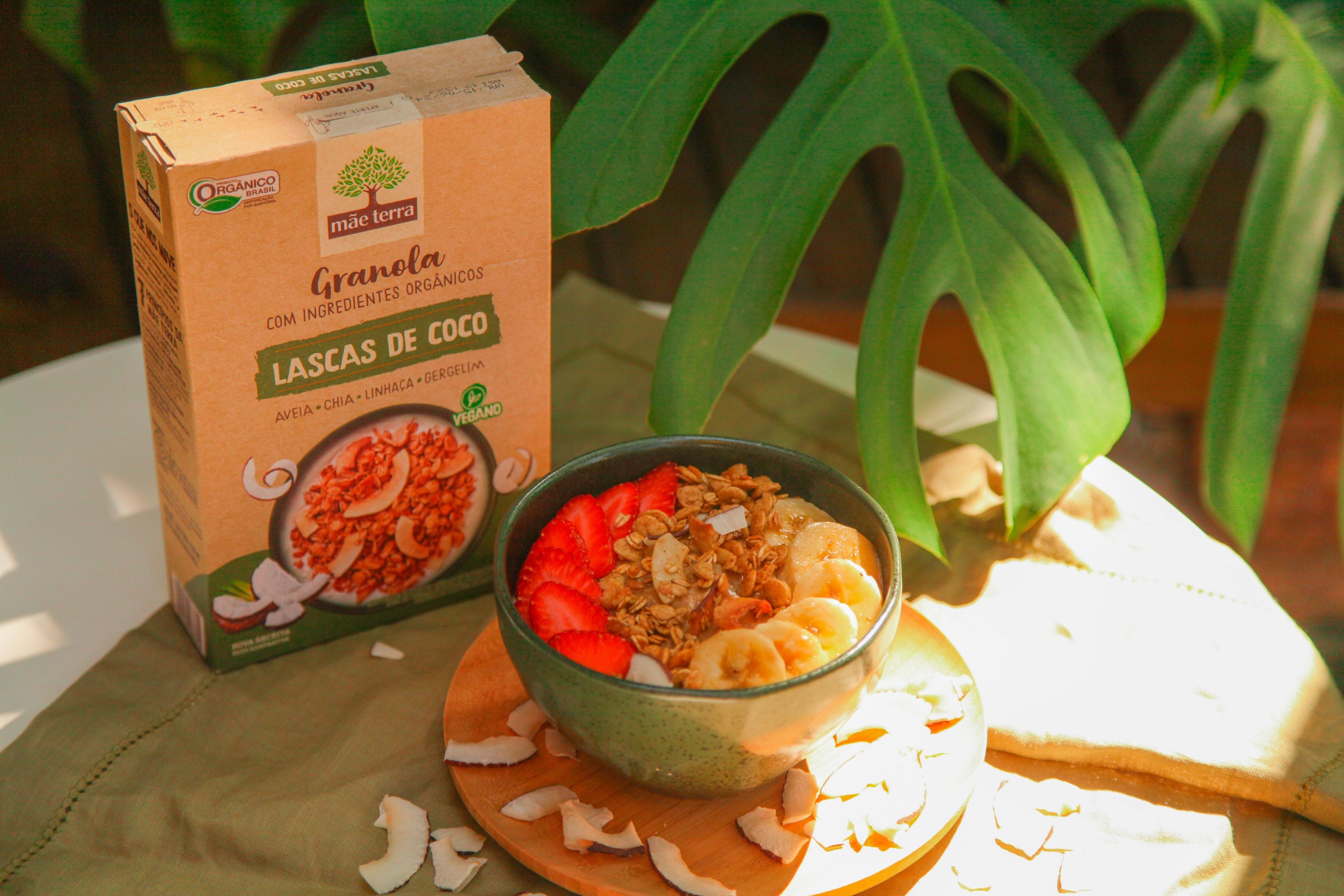 Mingau de aveia com frutas e Granola Mãe Terra