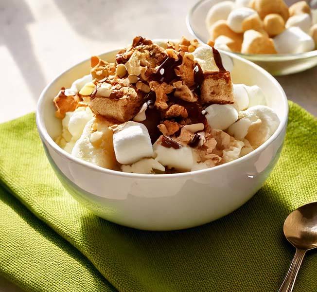 Bowl of vanilla ice cream with S’mores toppings