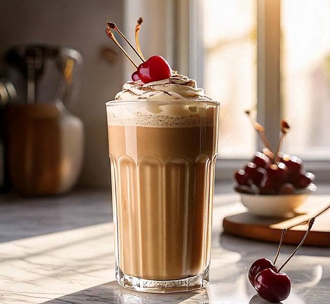 Vanilla bourbon milkshake in a glass topped with Maraschino cherry