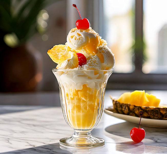 Piña colada ice cream sundae in a dessert glass topped with Maraschino cherry