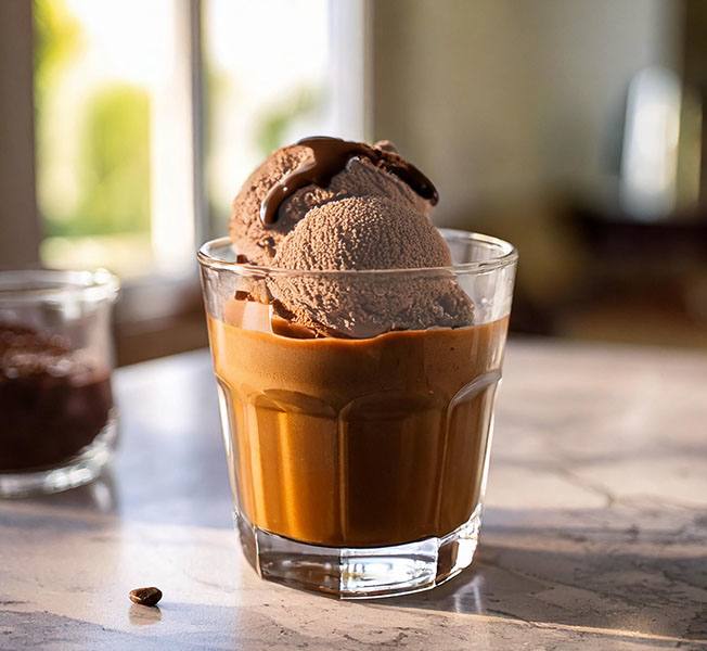 Irish coffee ice cream in a tumbler glass topped with chocolate ice cream
