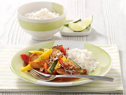 Putengeschnetzeltes mit Mango und Sprossen