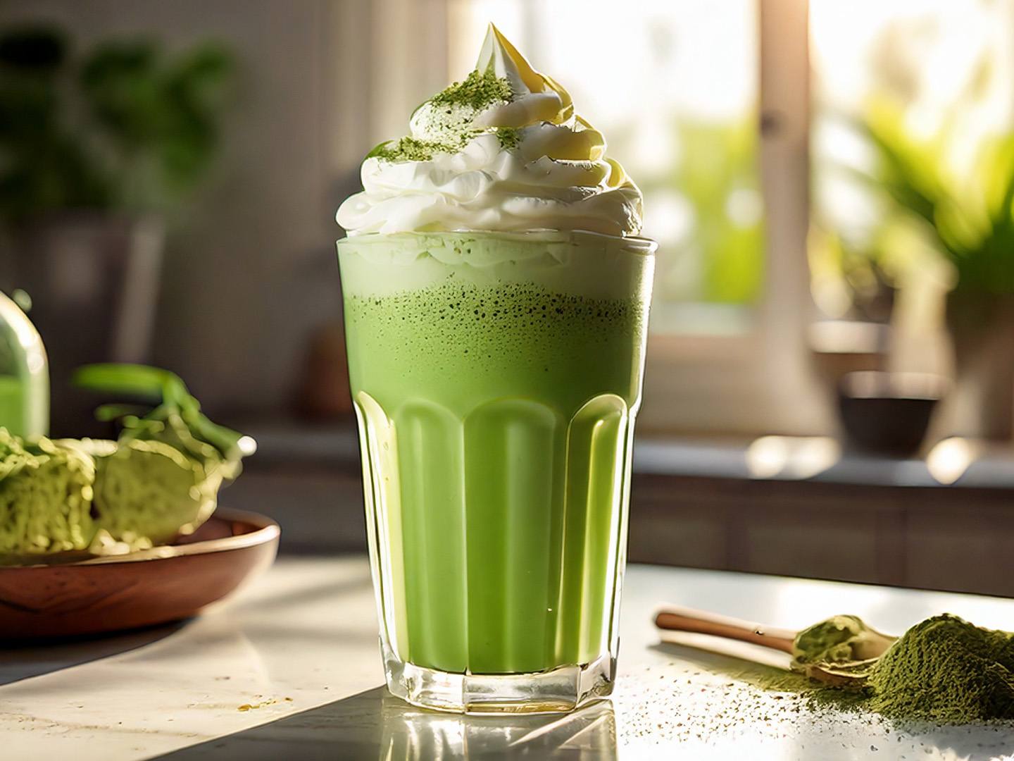 Matcha milkshake in a glass.