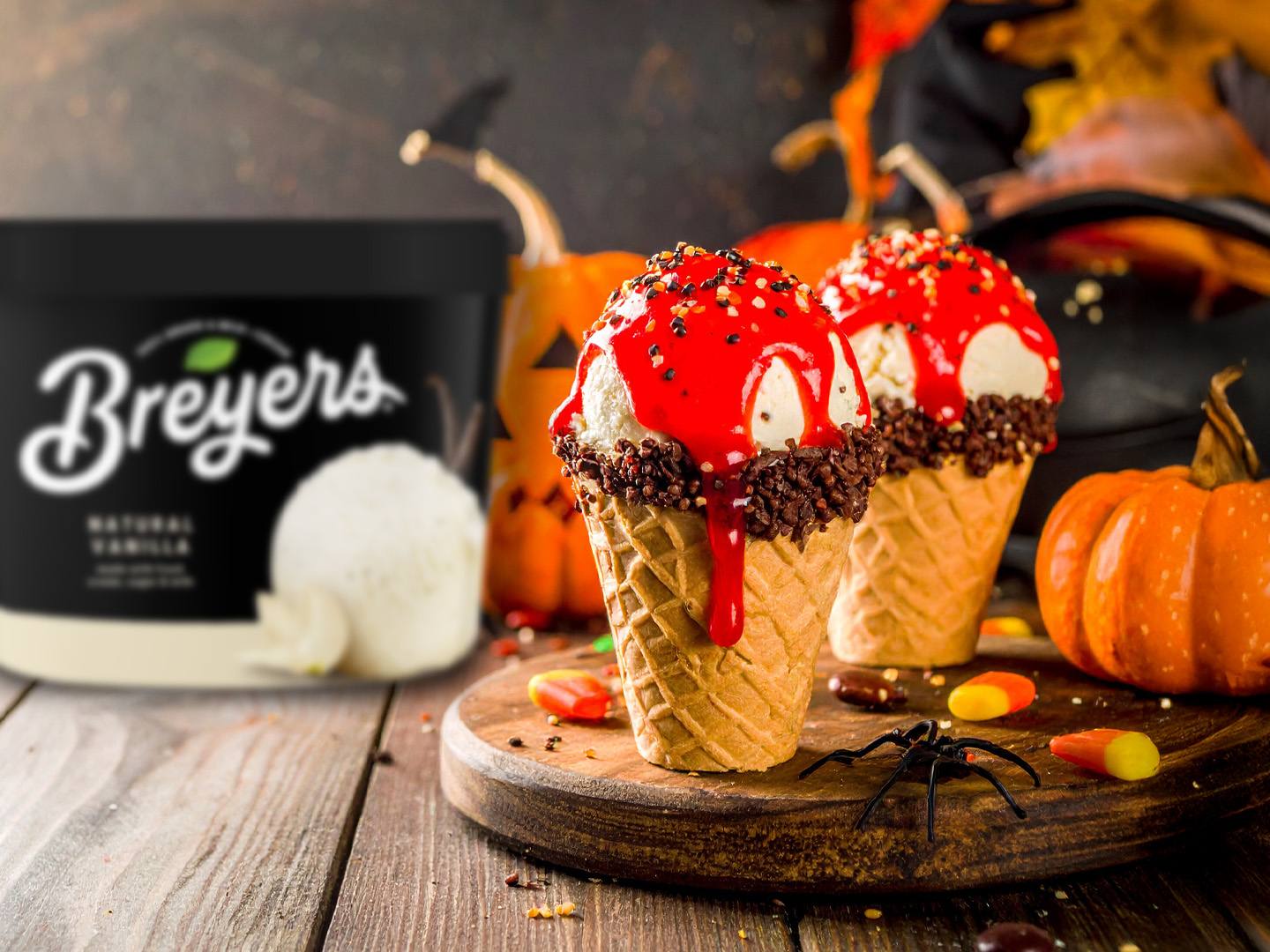 Breyers Halloween Ice Cream Cones made with Vanilla Ice Cream and Strawberry Syrup
