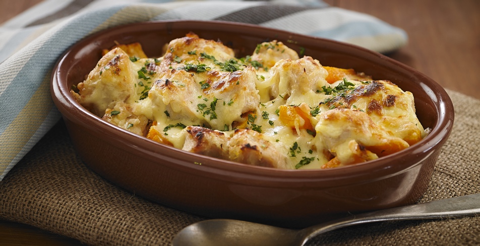Frango gratinado com abóbora e queijo
