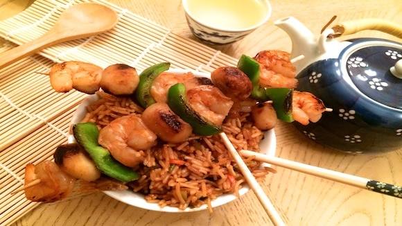 Asian Shrimp Kabobs with Teriyaki Rice