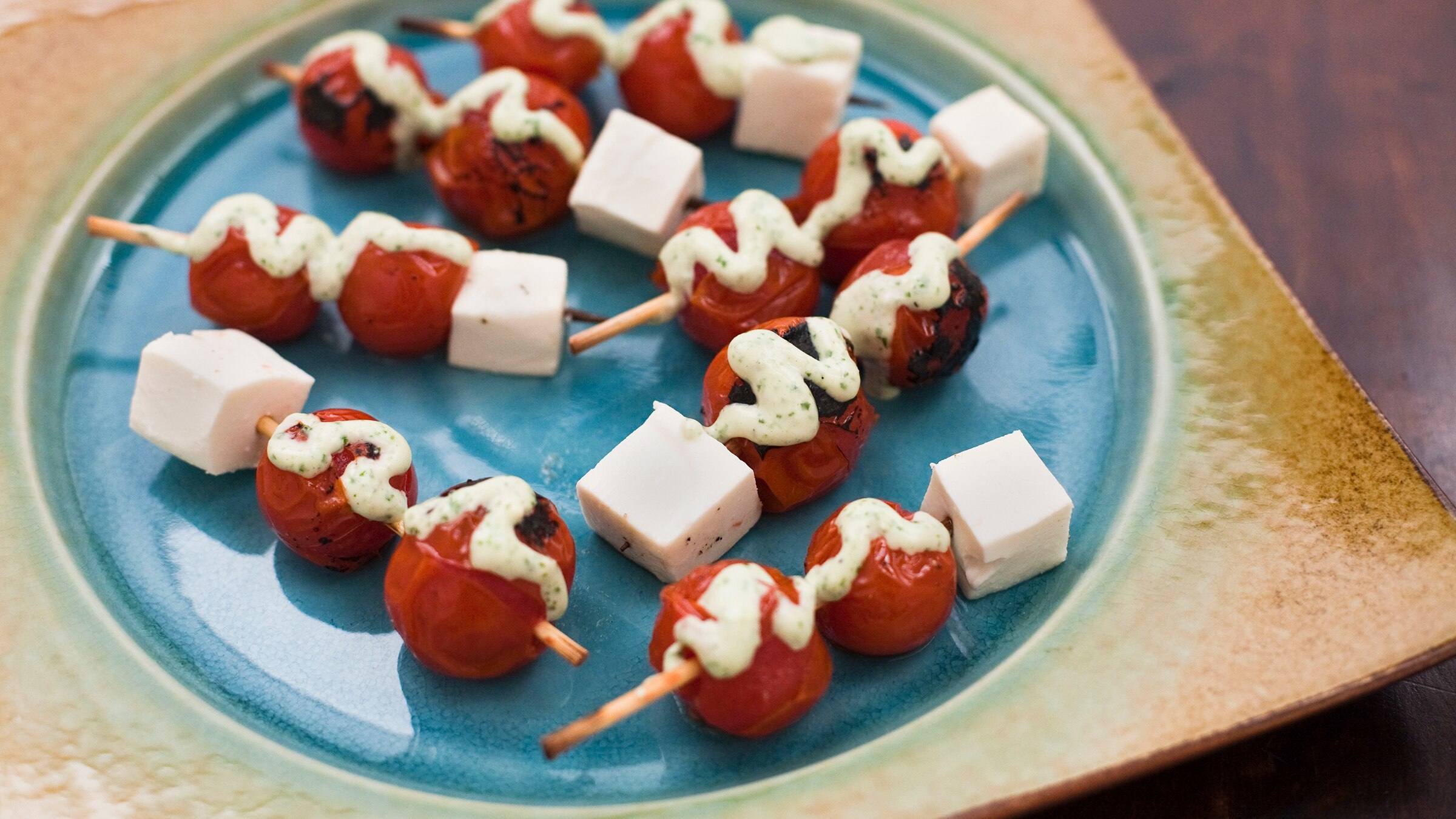 Broiled Cherry Tomato Skewers with Basil Dressing