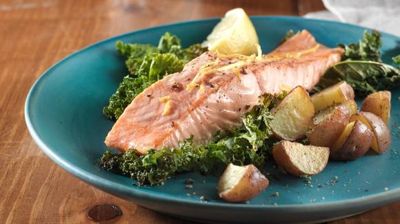 Roasted Salmon with Potatoes and Kale