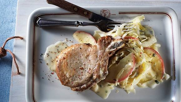 Weeknight Pork Chops with Braised Apples, Cabbage & Leeks
