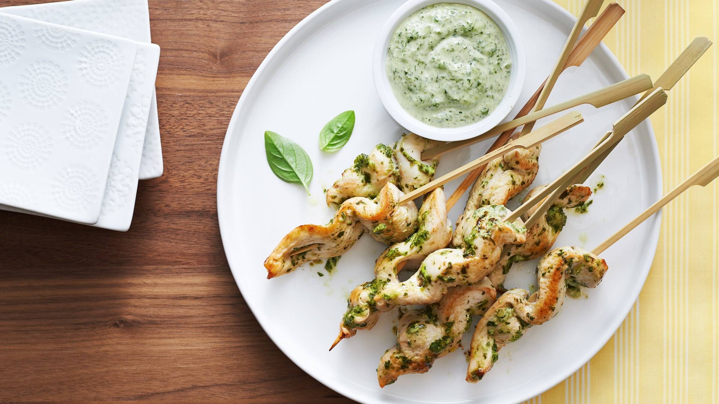Chicken Skewers with Basil Dipping Sauce