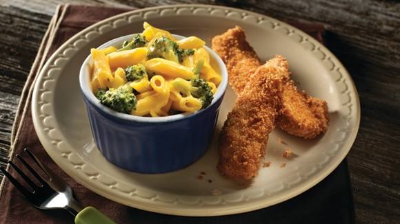 Easy Cheddar Broccoli Pasta with Crispy Chicken Fingers