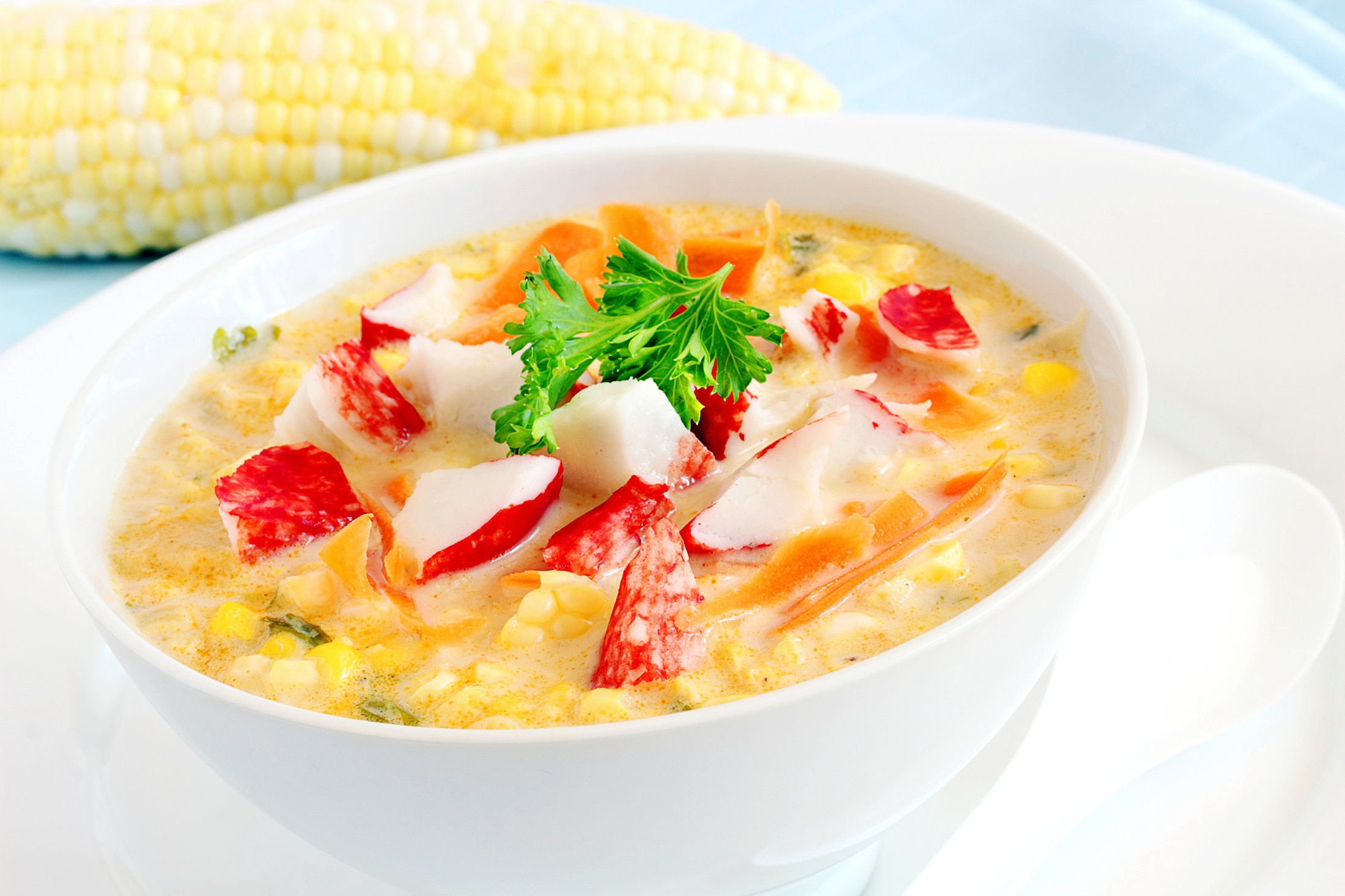 A bowl of hearty corn and crab soup