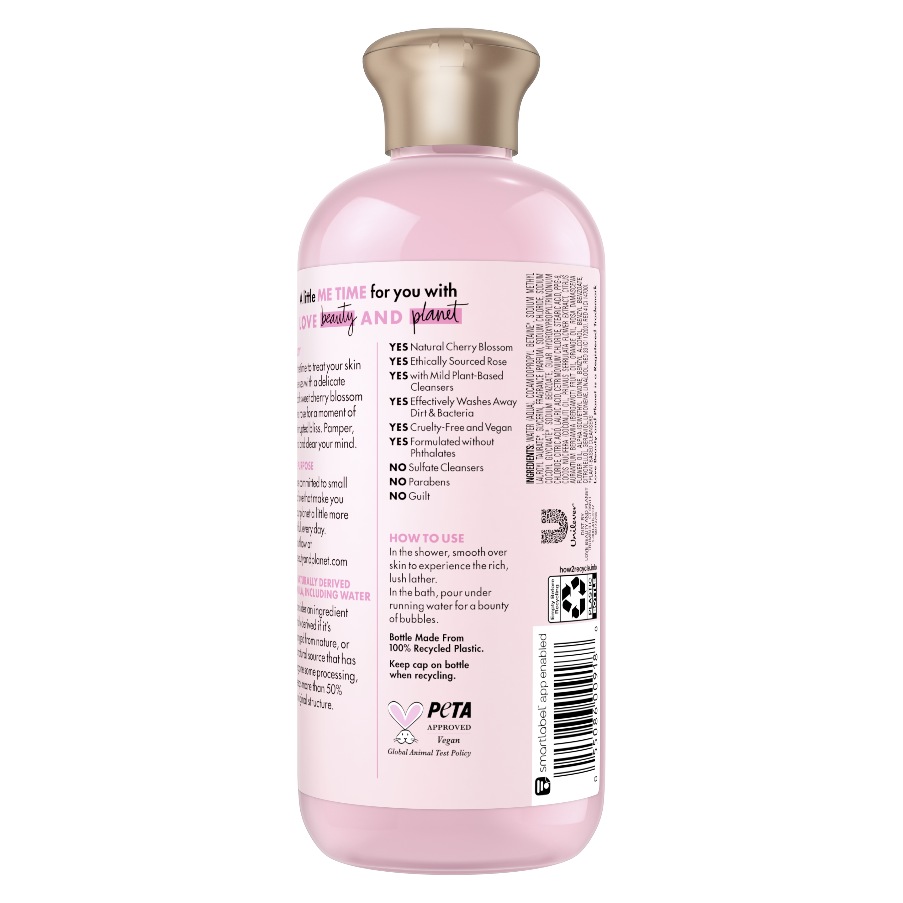 Back of shower and bath gel pack Love Beauty Planet Cherry Blossom & Tea Rose Shower and Bath Gel