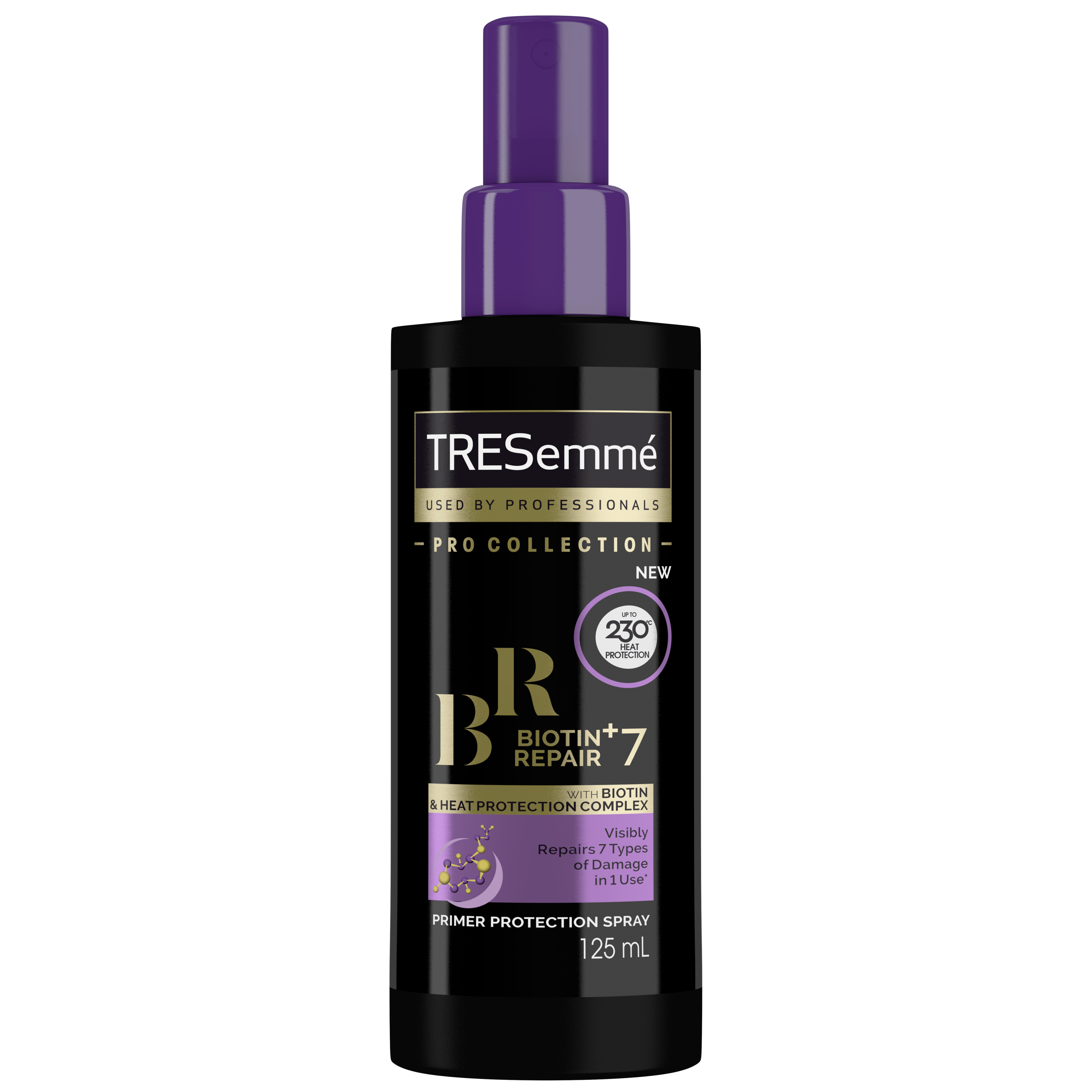 A 125ml bottle of TRESemmé Biotin + Repair 7 Heat Defence Spray front of pack