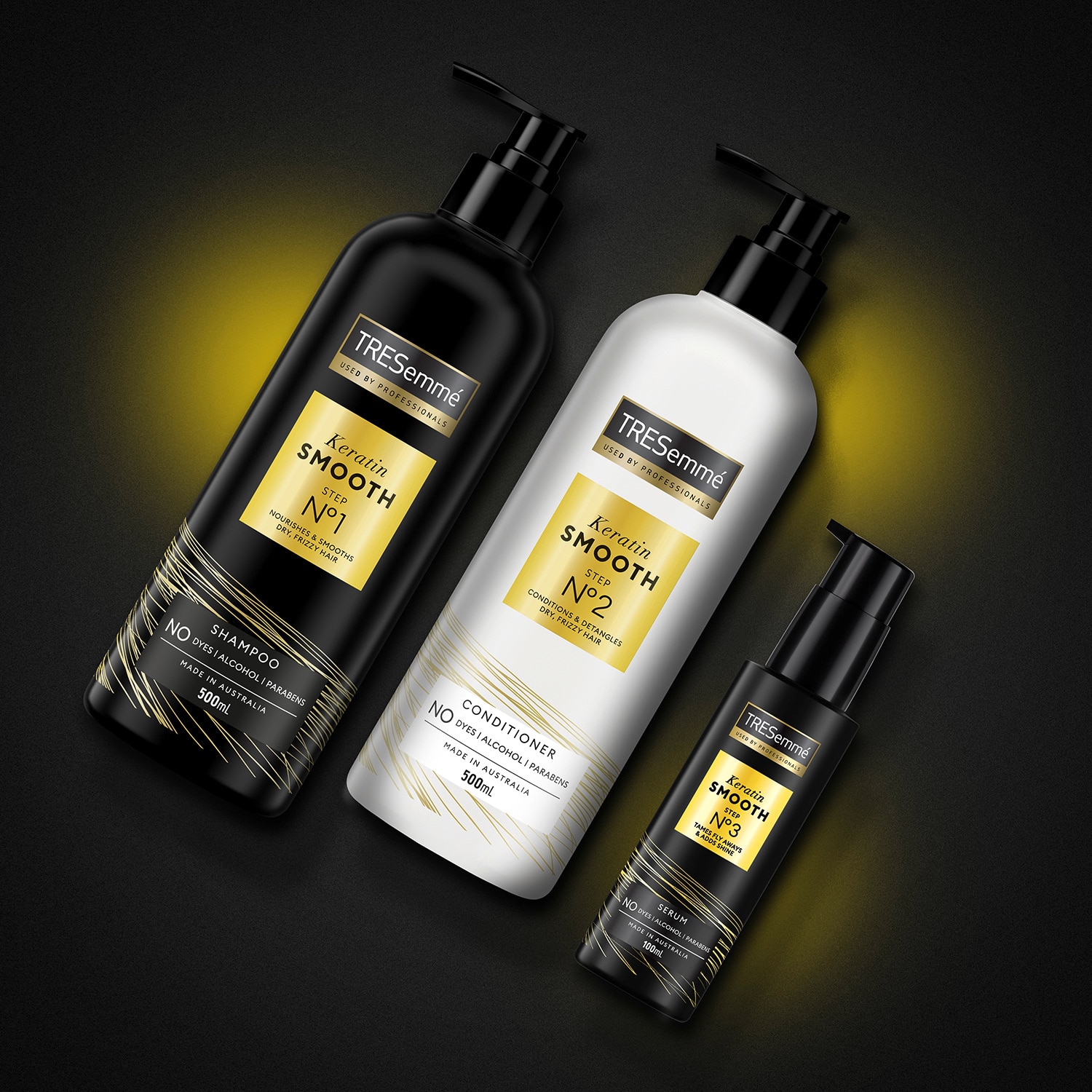 Product shot of TRESemmé Keratin Smooth shampoo, conditioner and serum