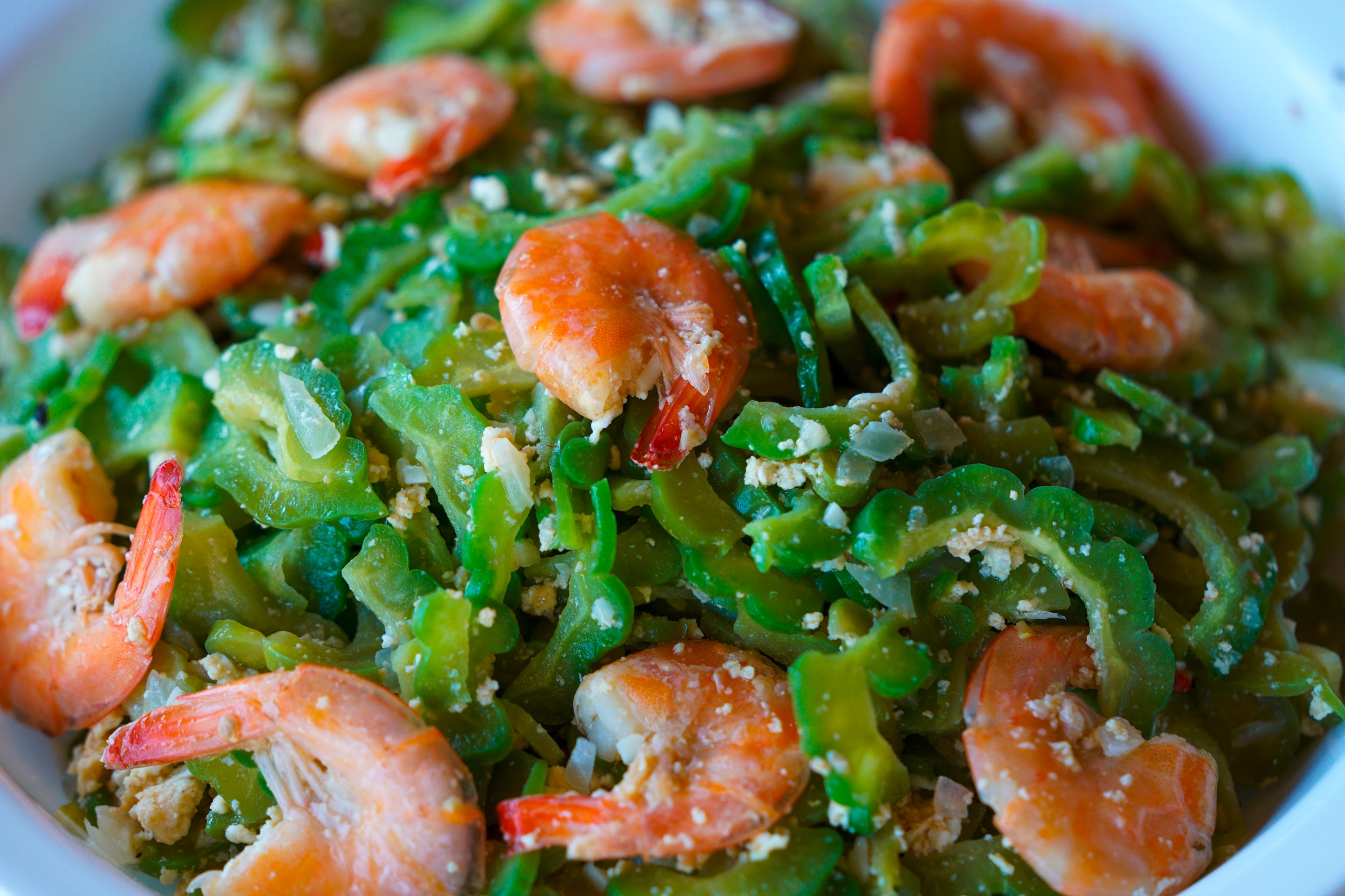 A serving of ginisang ampalaya with shrimp