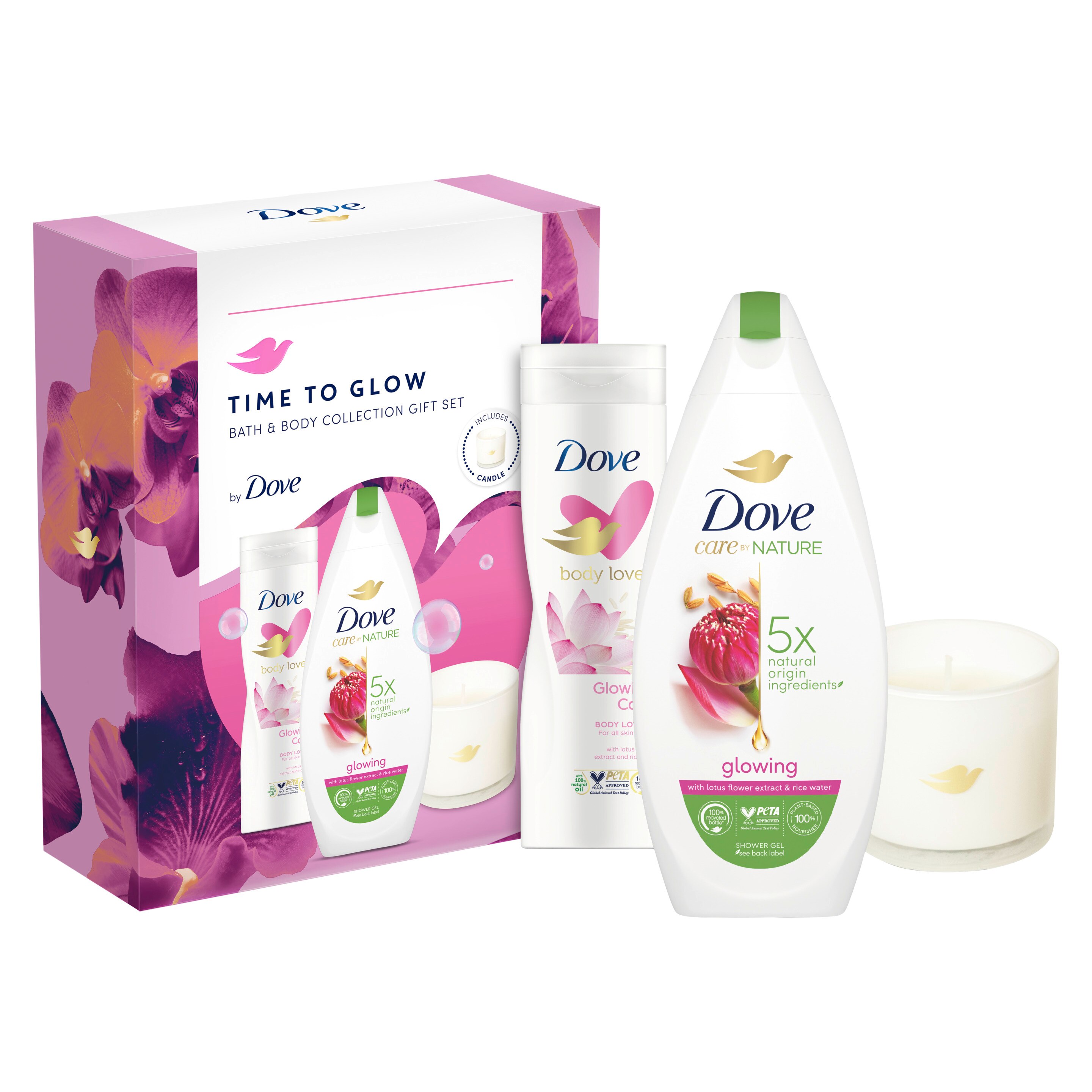 DOVE GLOWING AJÁNDÉKCSOMAG ILLATGYERTYÁVAL