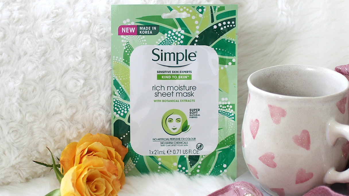 Styled shot Simple Rich Moisture Sheet Mask with yellow roses and mug