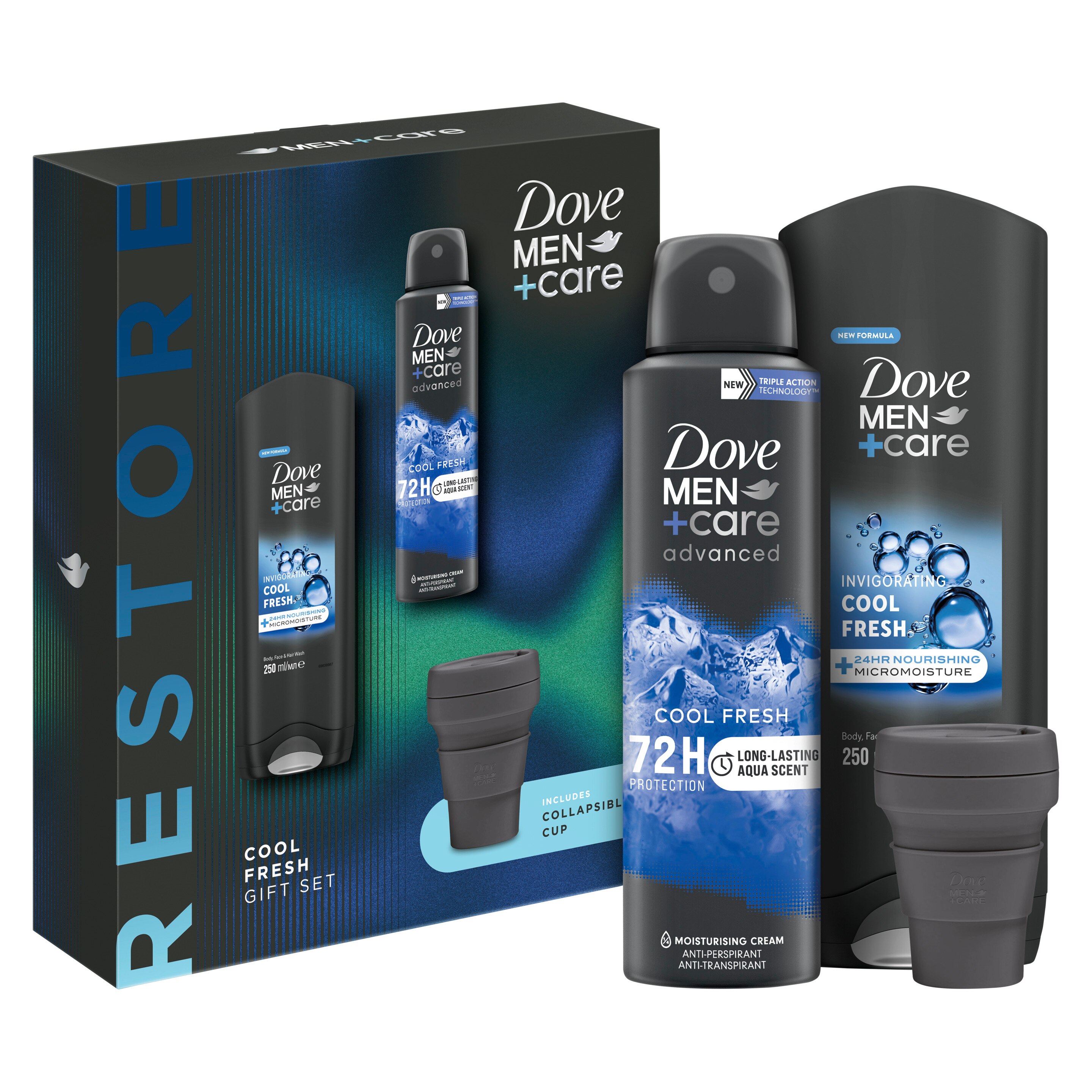 DOVE MEN+CARE COOL FRESH AJÁNDÉKCSOMAG HORDOZHATÓ THERMO POHÁRRAL