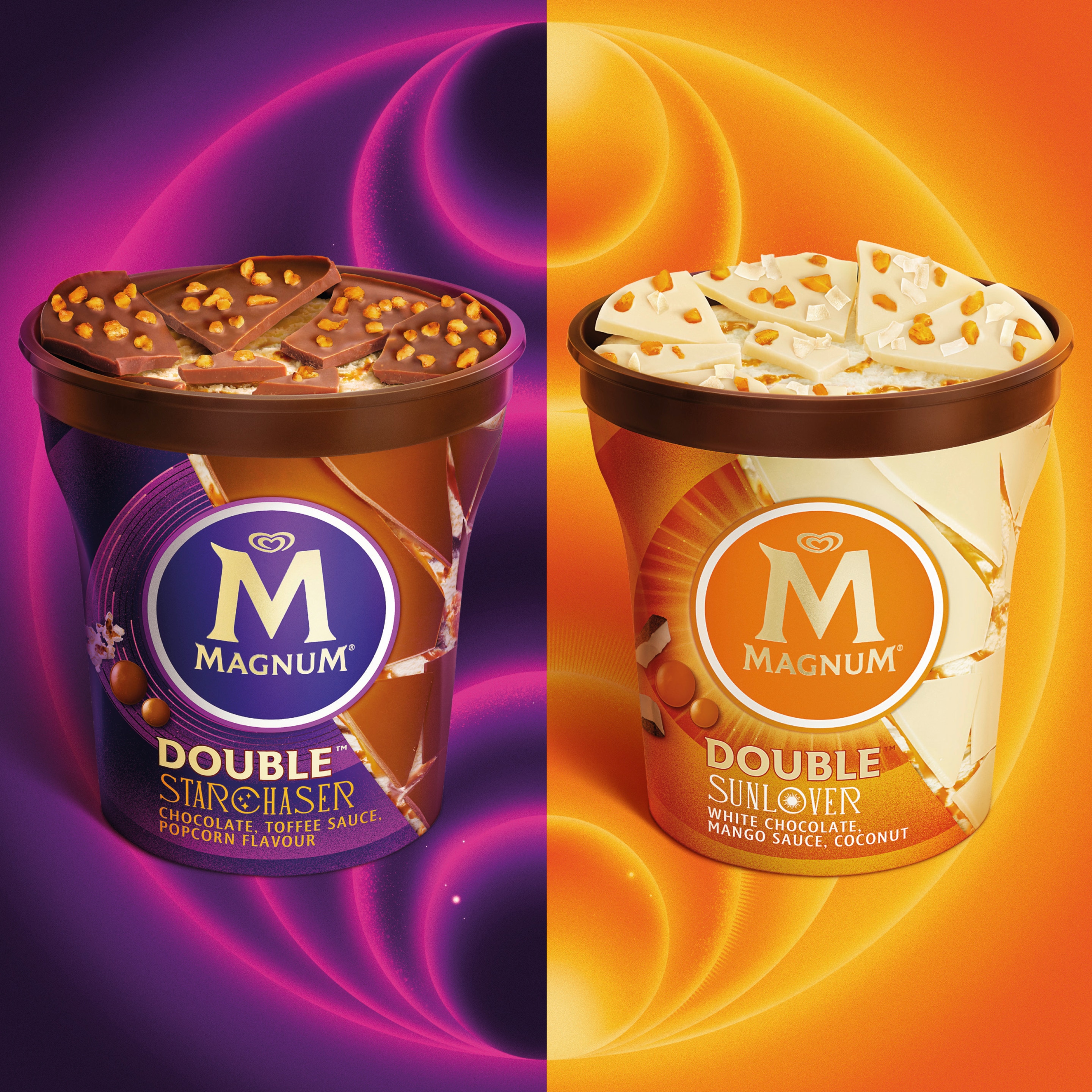 Magnum Double Starchaser & Sunlover ice cream tubs on colourful moon inspired background