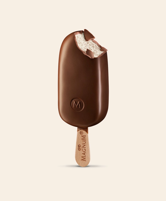 Image of a Magnum Double ice cream stick and ice cream tub