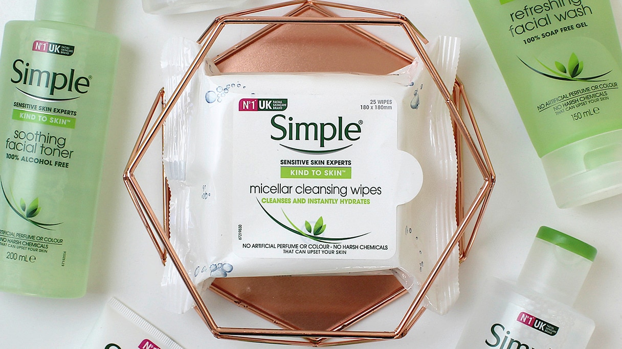 Selection of Simple cleansing products on white brackground Selection of Simple cleansing products on white brackground