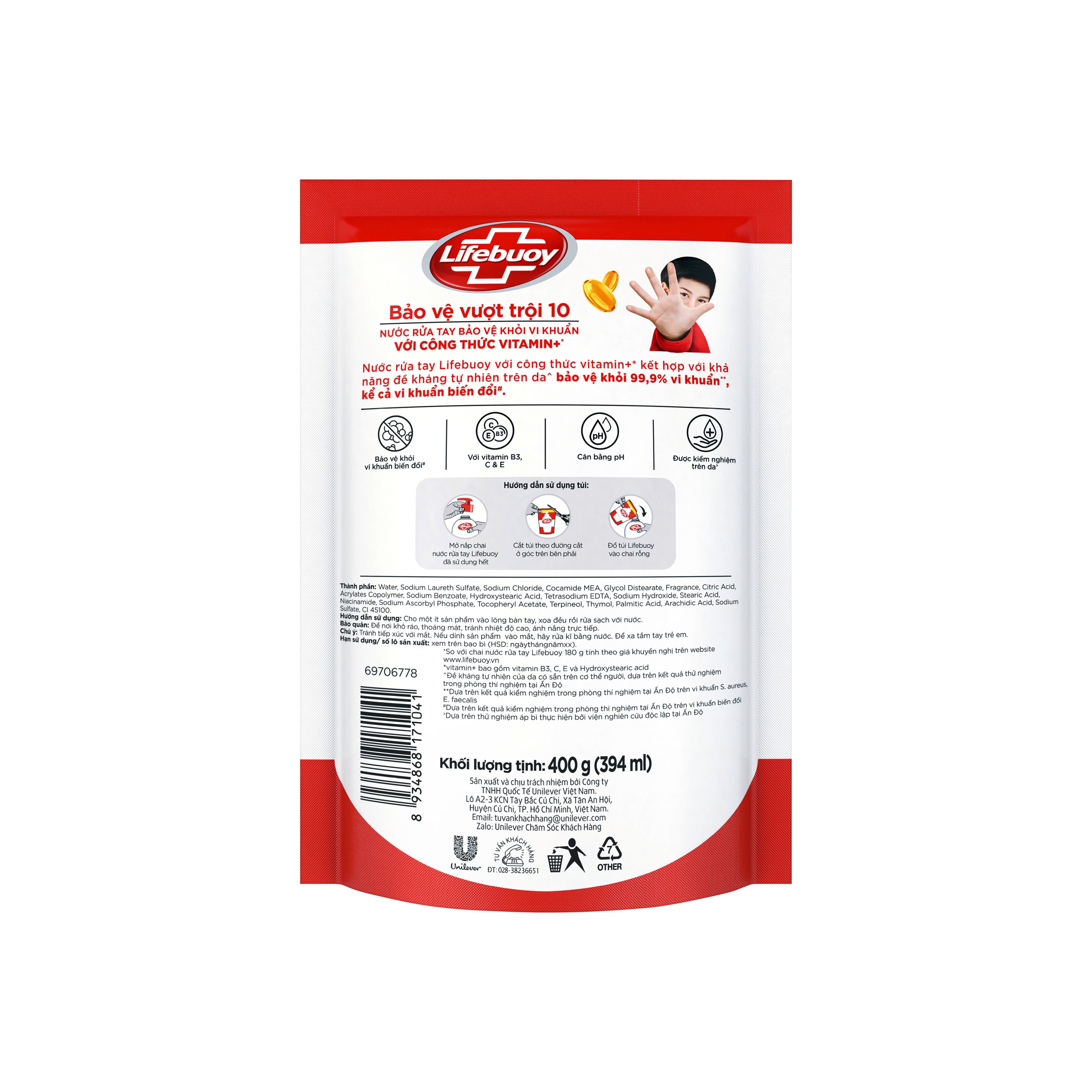 Nước Rửa Tay Lifebuoy Vitamin+ Bảo Vệ Vượt Trội 10 (Túi)