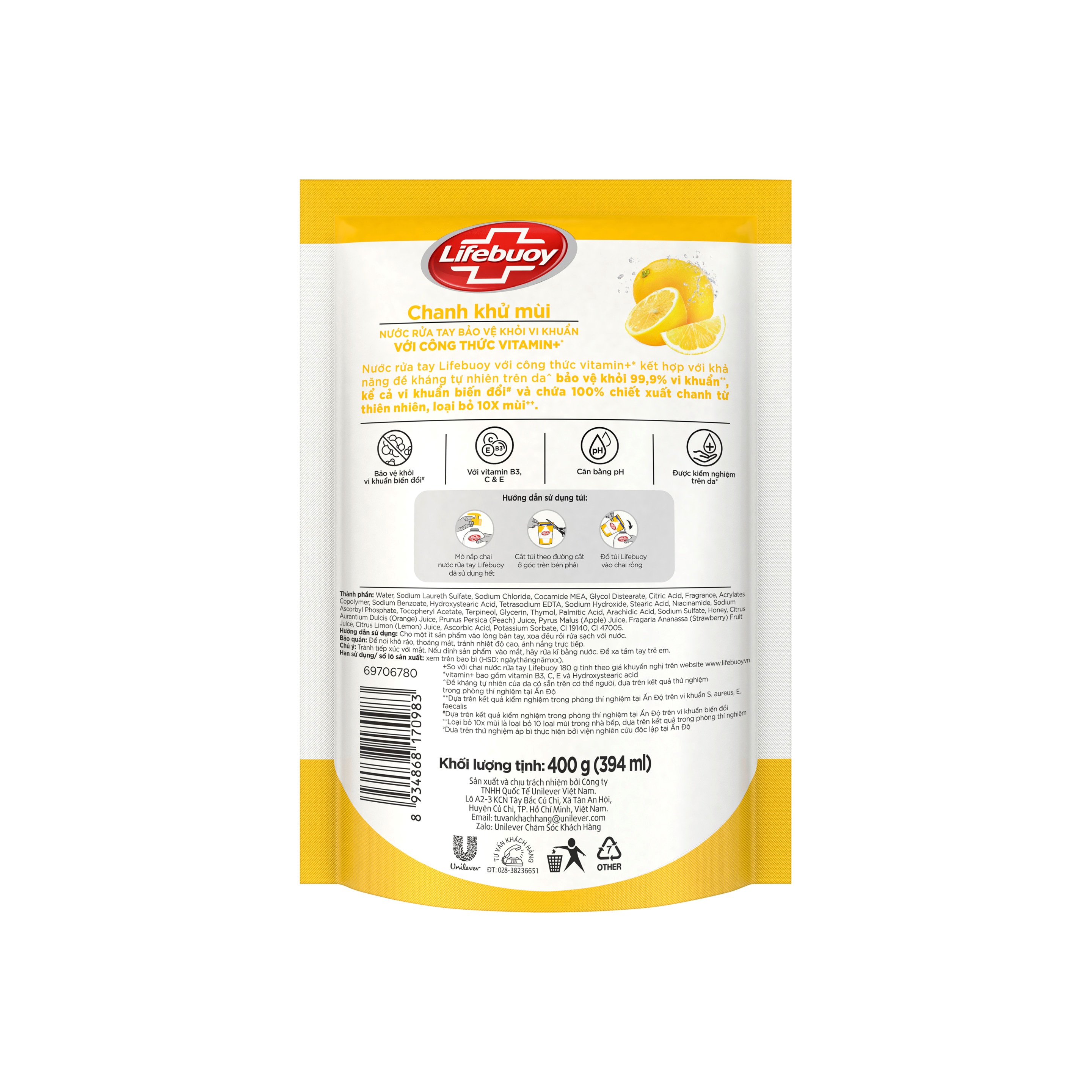 Nước Rửa Tay Lifebuoy Công thức Vitamin+ Chanh Khử Mùi (Túi)