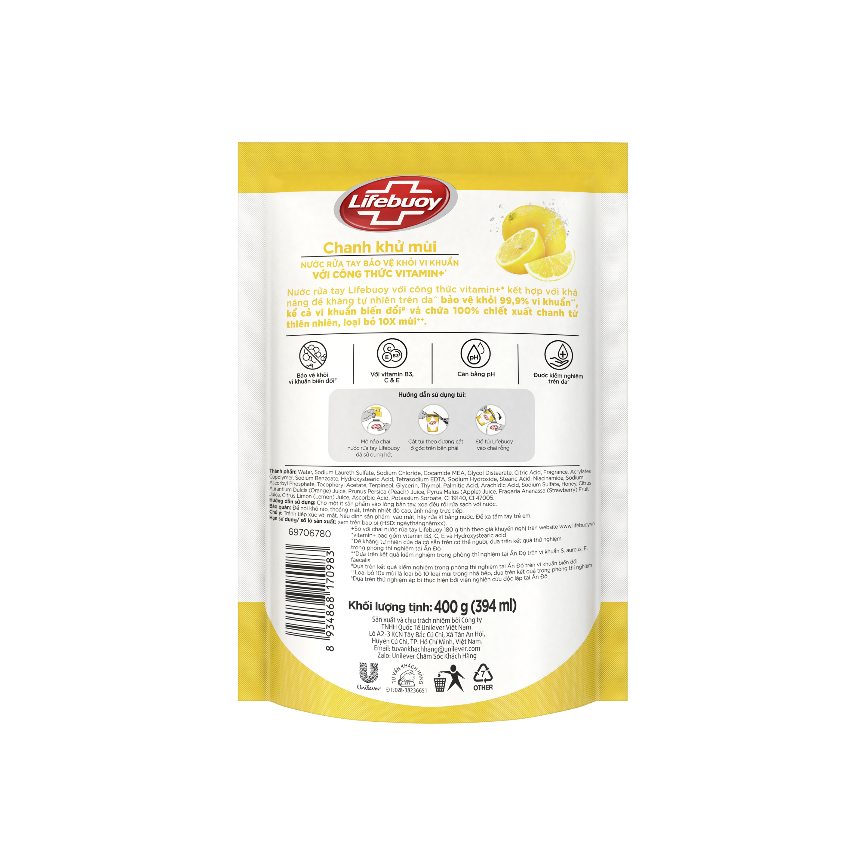 Nước Rửa Tay Lifebuoy Công thức Vitamin+ Chanh Khử Mùi (Túi)
