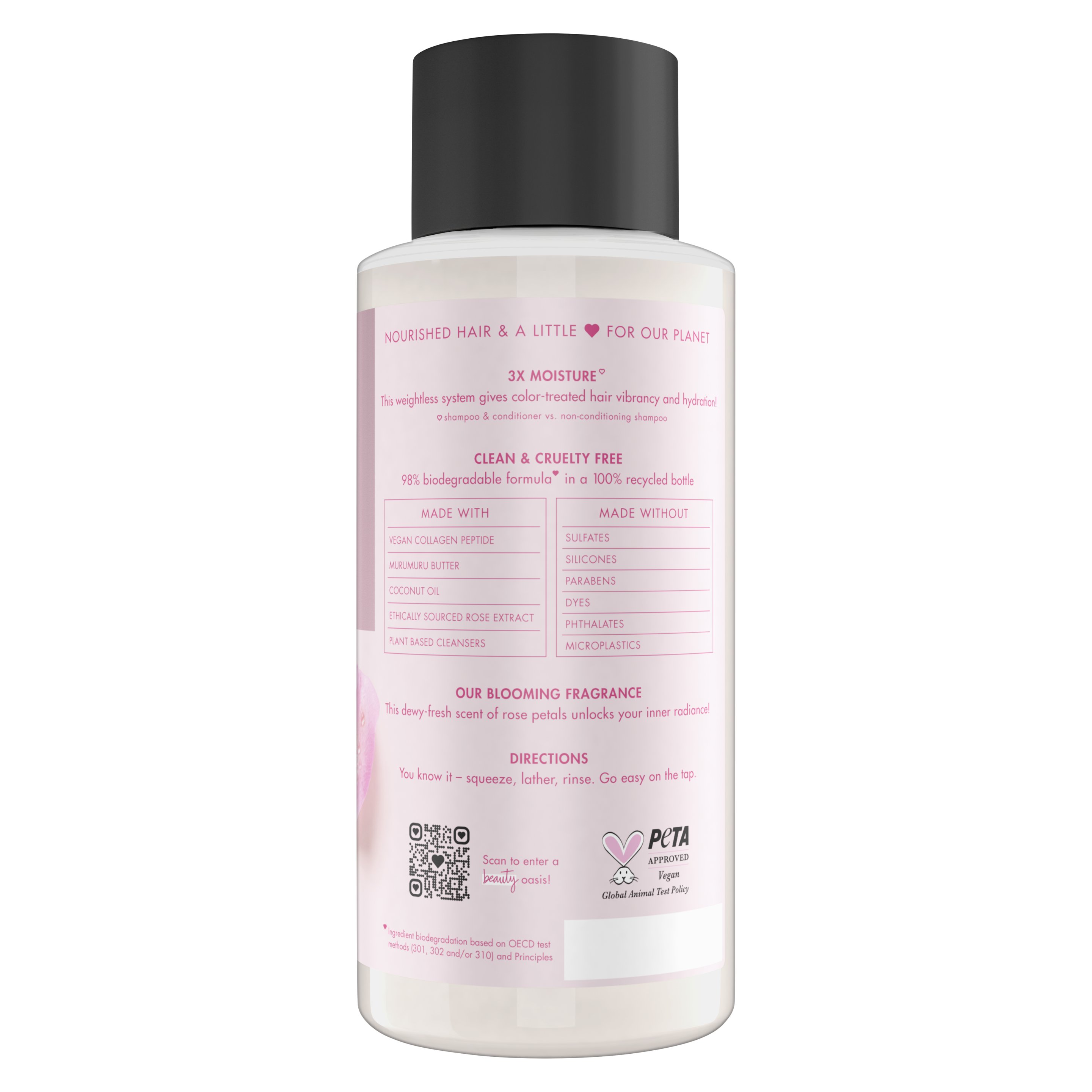 Back of shampoo pack Love Beauty Planet Allure Best in Beauty 2018 Murumuru Butter & Rose Oil Shampoo Blooming Color 13.5oz