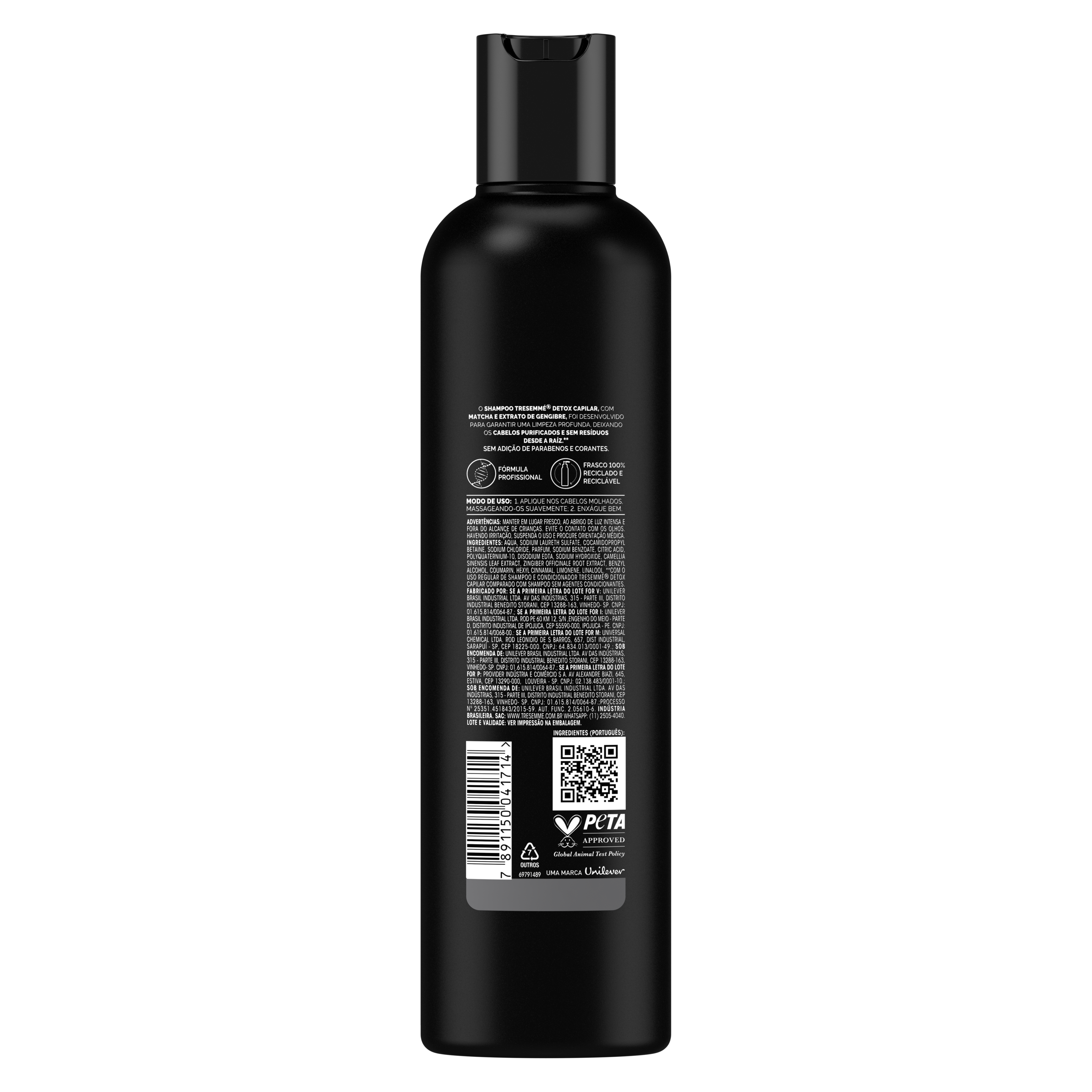 Shampoo TRESemme Detox Capilar 400mL - Parte traseira da embalagem