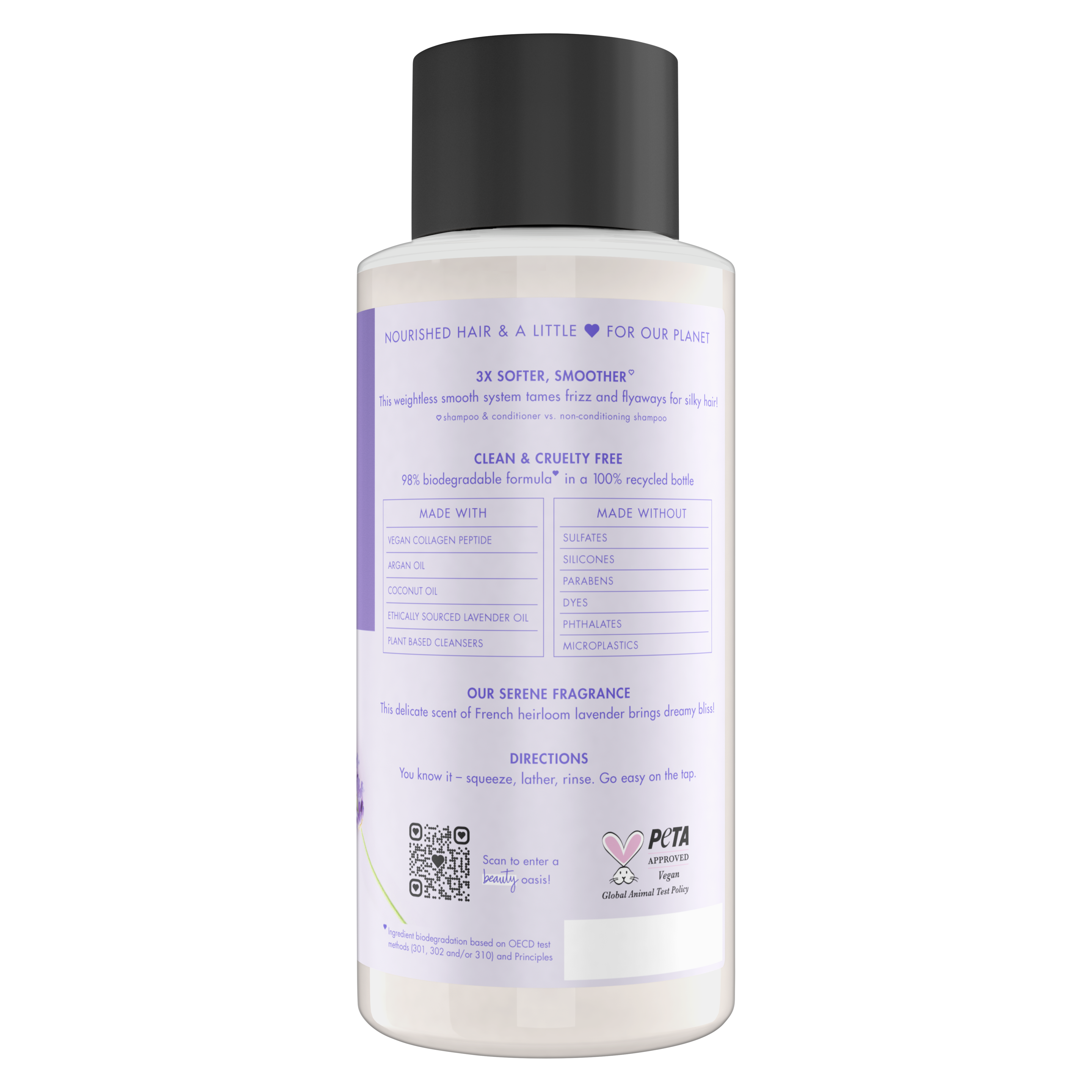 Back of shampoo pack Love Beauty Planet Sulfate Free Argan Oil & Lavender Shampoo Smooth & Serene 13.5oz